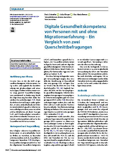 Vorschauseite 1: Digitale Gesundheitskompetenz von Personen mit und ohne Migrationserfahrung – Ein Vergleich von zwei Querschnittbefragungen