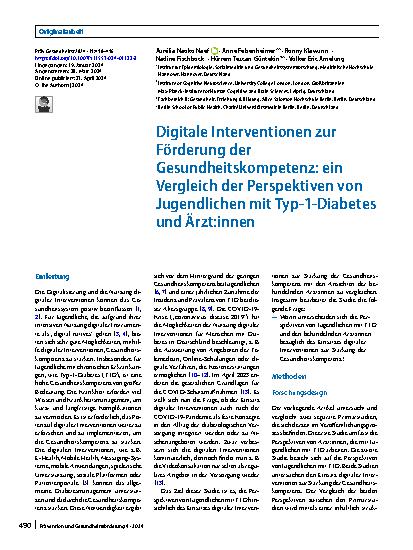 Vorschauseite 1: Digitale Interventionen zur Förderung der Gesundheitskompetenz: ein Vergleich der Perspektiven von Jugendlichen mit Typ-1-Diabetes und Ärzt: innen