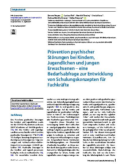 Vorschauseite 1: Prävention psychischer Störungen bei Kindern, Jugendlichen und jungen Erwachsenen – eine Bedarfsabfrage zur Entwicklung von Schulungskonzepten für Fachkräfte