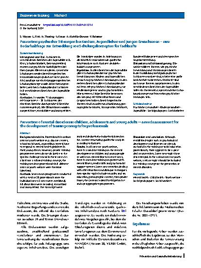Vorschauseite 3: Prävention psychischer Störungen bei Kindern, Jugendlichen und jungen Erwachsenen – eine Bedarfsabfrage zur Entwicklung von Schulungskonzepten für Fachkräfte