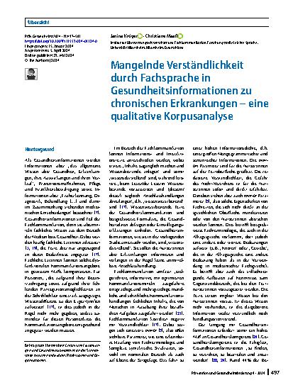 Vorschauseite 1: Mangelnde Verständlichkeit durch Fachsprache in Gesundheitsinformationen zu chronischen Erkrankungen – eine qualitative Korpusanalyse