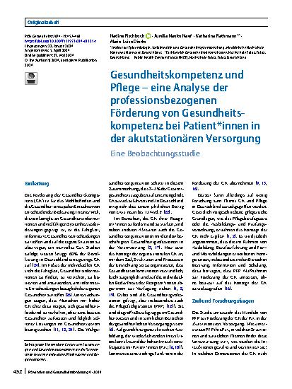Vorschauseite 1: Gesundheitskompetenz und Pflege – eine Analyse der professionsbezogenen Förderung von Gesundheitskompetenz bei Patient*innen in der akutstationären Versorgung