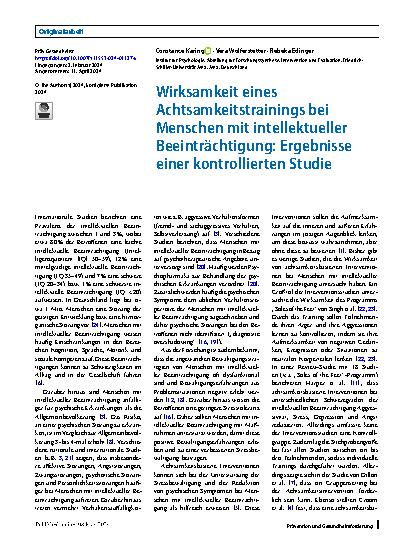 Vorschauseite 1: Wirksamkeit eines Achtsamkeitstrainings bei Menschen mit intellektueller Beeinträchtigung: Ergebnisse einer kontrollierten Studie