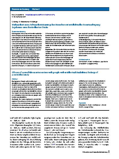 Vorschauseite 3: Wirksamkeit eines Achtsamkeitstrainings bei Menschen mit intellektueller Beeinträchtigung: Ergebnisse einer kontrollierten Studie