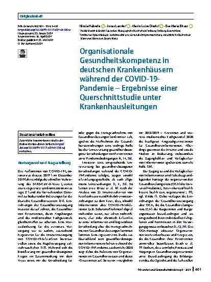 Vorschauseite 1: Organisationale Gesundheitskompetenz in deutschen Krankenhäusern während der COVID-19-Pandemie – Ergebnisse einer Querschnittstudie unter Krankenhausleitungen