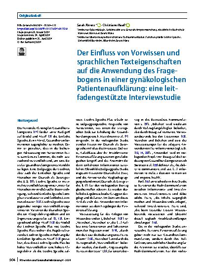 Vorschauseite 1: Der Einfluss von Vorwissen und sprachlichen Texteigenschaften auf die Anwendung des Fragebogens in einer gynäkologischen Patientenaufklärung: eine leitfadengestützte Interviewstud…