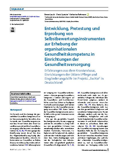 Vorschauseite 1: Entwicklung, Pretestung und Erprobung von Selbstbewertungsinstrumenten zur Erhebung der organisationalen Gesundheitskompetenz in Einrichtungen der Gesundheitsversorgung