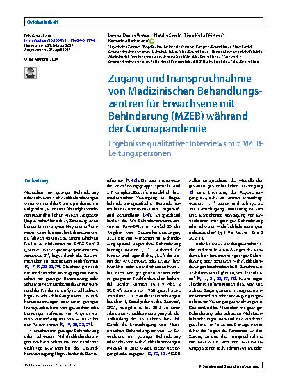 Vorschauseite 1: Zugang und Inanspruchnahme von Medizinischen Behandlungszentren für Erwachsene mit Behinderung (MZEB) während der Coronapandemie