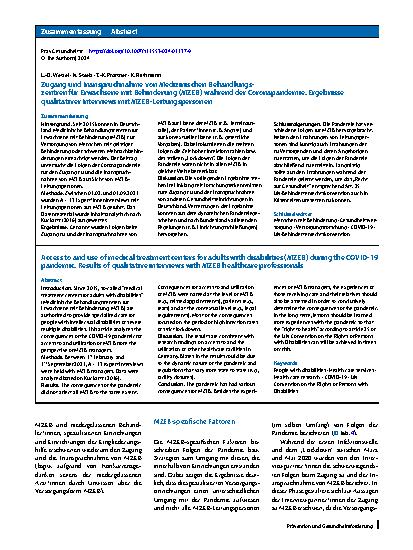 Vorschauseite 3: Zugang und Inanspruchnahme von Medizinischen Behandlungszentren für Erwachsene mit Behinderung (MZEB) während der Coronapandemie