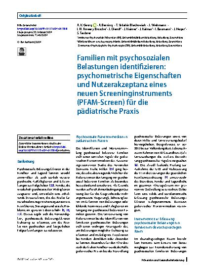 Vorschauseite 1: Familien mit psychosozialen Belastungen identifizieren: psychometrische Eigenschaften und Nutzerakzeptanz eines neuen Screeninginstruments (PFAM-Screen) für die pädiatrische Praxis