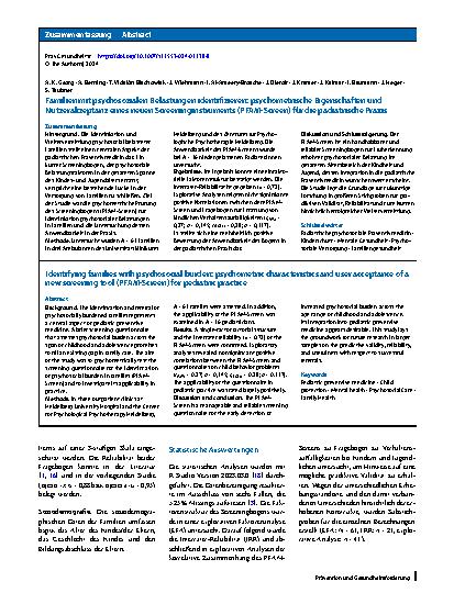 Vorschauseite 3: Familien mit psychosozialen Belastungen identifizieren: psychometrische Eigenschaften und Nutzerakzeptanz eines neuen Screeninginstruments (PFAM-Screen) für die pädiatrische Praxis