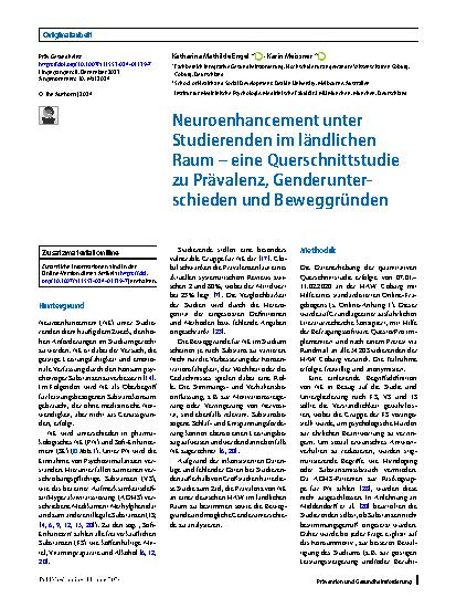 Vorschauseite 1: Neuroenhancement unter Studierenden im ländlichen Raum – eine Querschnittstudie zu Prävalenz, Genderunterschieden und Beweggründen
