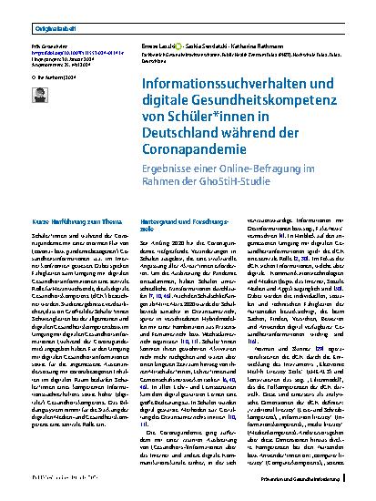 Vorschauseite 1: Informationssuchverhalten und digitale Gesundheitskompetenz von Schüler*innen in Deutschland während der Coronapandemie
