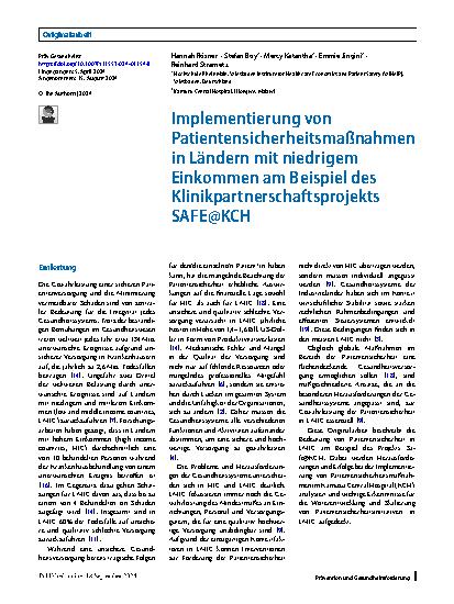 Vorschauseite 1: Implementierung von Patientensicherheitsmaßnahmen in Ländern mit niedrigem Einkommen am Beispiel des Klinikpartnerschaftsprojekts SAFE@KCH