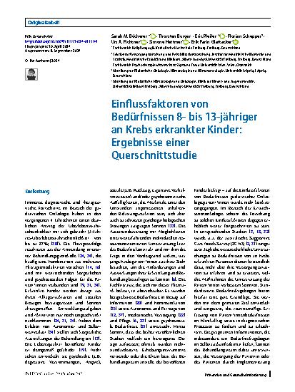 Vorschauseite 1: Einflussfaktoren von Bedürfnissen 8- bis 13-jähriger an Krebs erkrankter Kinder: Ergebnisse einer Querschnittstudie