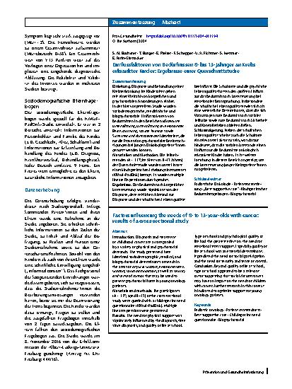 Vorschauseite 3: Einflussfaktoren von Bedürfnissen 8- bis 13-jähriger an Krebs erkrankter Kinder: Ergebnisse einer Querschnittstudie