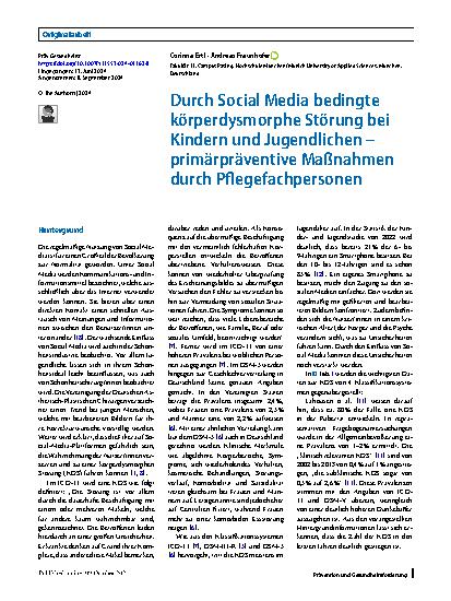 Vorschauseite 1: Durch Social Media bedingte körperdysmorphe Störung bei Kindern und Jugendlichen – primärpräventive Maßnahmen durch Pflegefachpersonen
