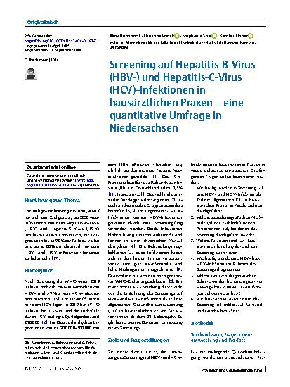 Vorschauseite 1: Screening auf Hepatitis-B-Virus (HBV-) und Hepatitis-C-Virus (HCV)-Infektionen in hausärztlichen Praxen – eine quantitative Umfrage in Niedersachsen