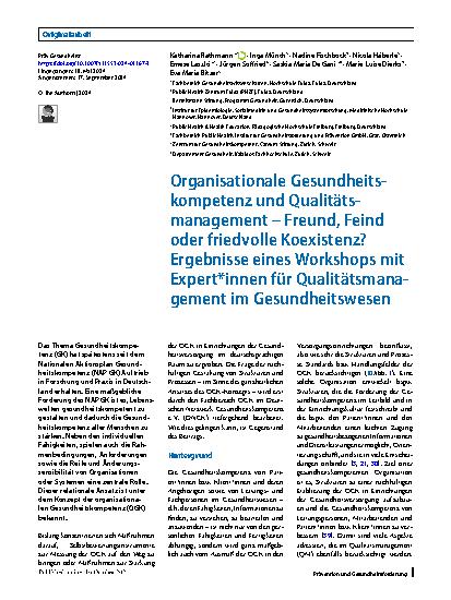 Vorschauseite 1: Organisationale Gesundheitskompetenz und Qualitätsmanagement – Freund, Feind oder friedvolle Koexistenz? Ergebnisse eines Workshops mit Expert*innen für Qualitätsmanagement im Ges…