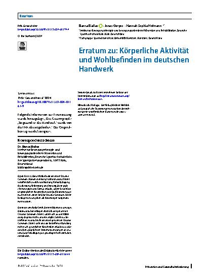 Vorschauseite 1: Erratum zu: Körperliche Aktivität und Wohlbefinden im deutschen Handwerk