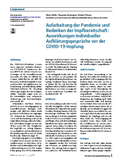Vorschauseite 1: Aufarbeitung der Pandemie und Bedenken der Impfbereitschaft: Auswirkungen individueller Aufklärungsgespräche vor der COVID-19-Impfung