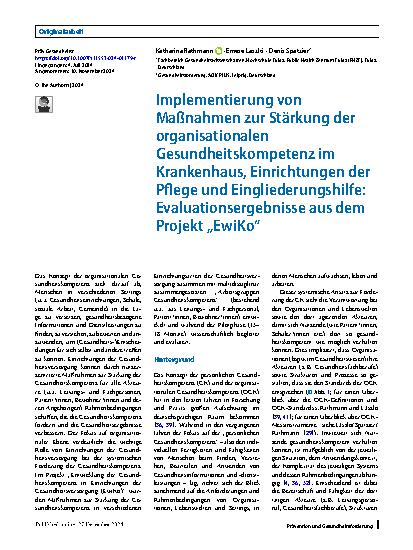 Vorschauseite 1: Implementierung von Maßnahmen zur Stärkung der organisationalen Gesundheitskompetenz im Krankenhaus, Einrichtungen der Pflege und Eingliederungshilfe: Evaluationsergebnisse aus de…