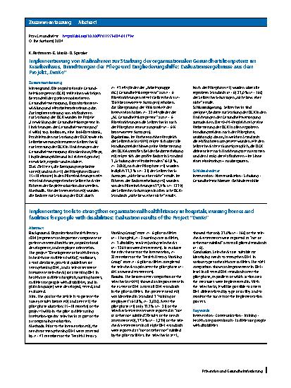 Vorschauseite 3: Implementierung von Maßnahmen zur Stärkung der organisationalen Gesundheitskompetenz im Krankenhaus, Einrichtungen der Pflege und Eingliederungshilfe: Evaluationsergebnisse aus de…