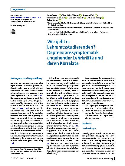 Vorschauseite 1: Wie geht es Lehramtsstudierenden? Depressionssymptomatik angehender Lehrkräfte und deren Korrelate