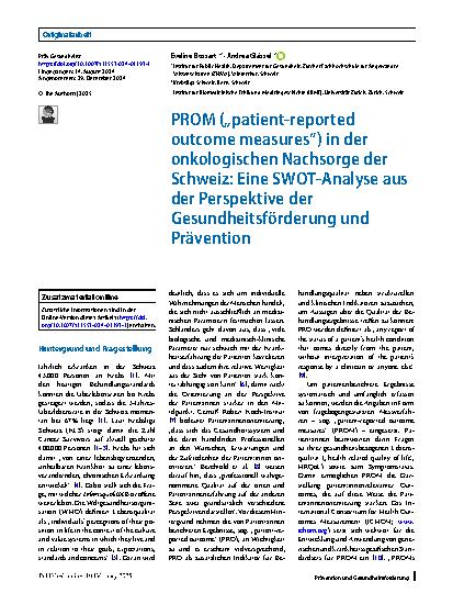 Vorschauseite 1: PROM („patient-reported outcome measures“) in der onkologischen Nachsorge der Schweiz: Eine SWOT-Analyse aus der Perspektive der Gesundheitsförderung und Prävention