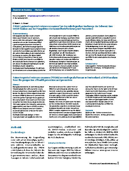 Vorschauseite 3: PROM („patient-reported outcome measures“) in der onkologischen Nachsorge der Schweiz: Eine SWOT-Analyse aus der Perspektive der Gesundheitsförderung und Prävention