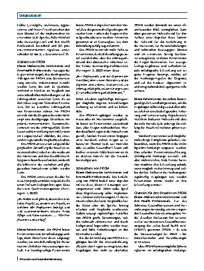 Vorschauseite 6: PROM („patient-reported outcome measures“) in der onkologischen Nachsorge der Schweiz: Eine SWOT-Analyse aus der Perspektive der Gesundheitsförderung und Prävention