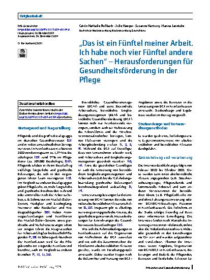 Vorschauseite 1: „Das ist ein Fünftel meiner Arbeit. Ich habe noch vier Fünftel andere Sachen“ – Herausforderungen für Gesundheitsförderung in der Pflege