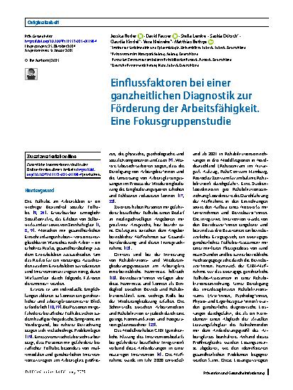 Vorschauseite 1: Einflussfaktoren bei einer ganzheitlichen Diagnostik zur Förderung der Arbeitsfähigkeit. Eine Fokusgruppenstudie