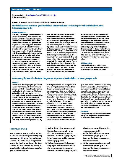 Vorschauseite 3: Einflussfaktoren bei einer ganzheitlichen Diagnostik zur Förderung der Arbeitsfähigkeit. Eine Fokusgruppenstudie