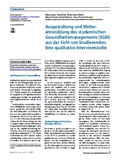 Vorschauseite 1: Ausgestaltung und Weiterentwicklung des studentischen Gesundheitsmanagements (SGM) aus der Sicht von Studierenden. Eine qualitative Interviewstudie