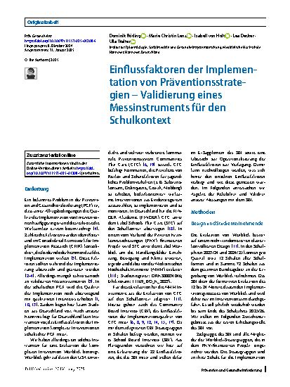 Vorschauseite 1: Einflussfaktoren der Implementation von Präventionsstrategien – Validierung eines Messinstruments für den Schulkontext