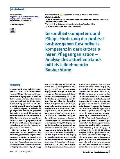 Vorschauseite 1: Gesundheitskompetenz und Pflege: Förderung der professionsbezogenen Gesundheitskompetenz in der akutstationären Pflegeorganisation – Analyse des aktuellen Stands mittels teilnehme…