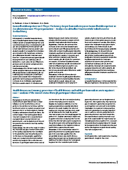 Vorschauseite 3: Gesundheitskompetenz und Pflege: Förderung der professionsbezogenen Gesundheitskompetenz in der akutstationären Pflegeorganisation – Analyse des aktuellen Stands mittels teilnehme…