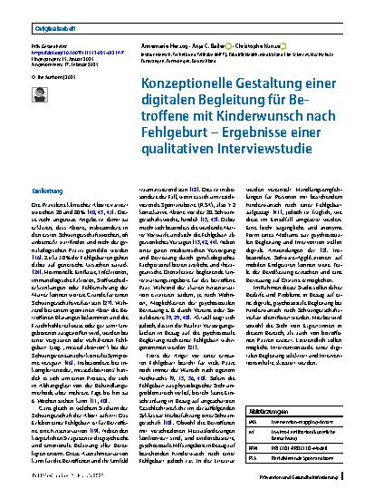 Vorschauseite 1: Konzeptionelle Gestaltung einer digitalen Begleitung für Betroffene mit Kinderwunsch nach Fehlgeburt – Ergebnisse einer qualitativen Interviewstudie