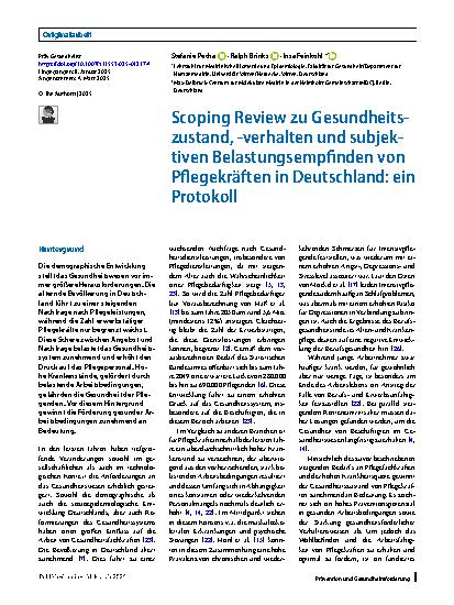 Vorschauseite 1: Scoping Review zu Gesundheitszustand, -verhalten und subjektiven Belastungsempfinden von Pflegekräften in Deutschland: ein Protokoll