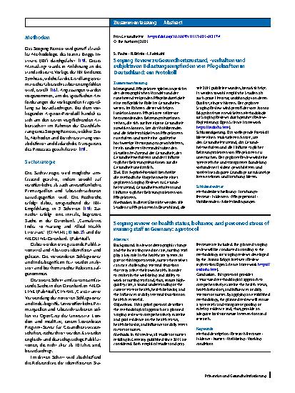 Vorschauseite 3: Scoping Review zu Gesundheitszustand, -verhalten und subjektiven Belastungsempfinden von Pflegekräften in Deutschland: ein Protokoll
