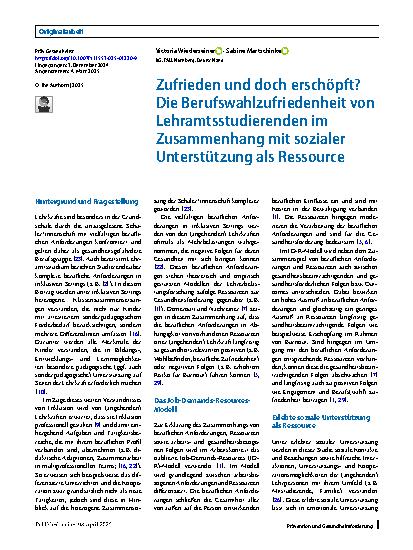 Vorschauseite 1: Zufrieden und doch erschöpft? Die Berufswahlzufriedenheit von Lehramtsstudierenden im Zusammenhang mit sozialer Unterstützung als Ressource