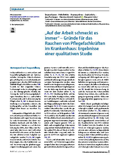 Vorschauseite 1: „Auf der Arbeit schmeckt es immer“ – Gründe für das Rauchen von Pflegefachkräften im Krankenhaus: Ergebnisse einer qualitativen Studie