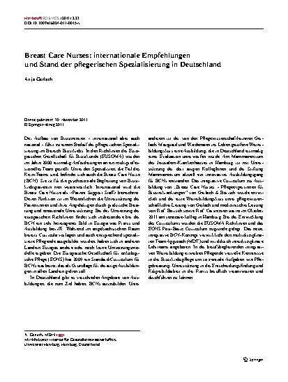 Vorschauseite 1: Breast Care Nurses: internationale Empfehlungen und Stand der pflegerischen Spezialisierung in Deutschland