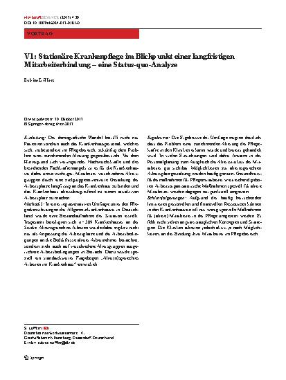 Vorschauseite 1: V1: Stationäre Krankenpflege im Blickpunkt einer langfristigen Mitarbeiterbindung – eine Status-quo-Analyse