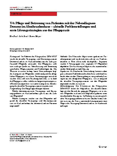 Vorschauseite 1: V4: Pflege und Betreuung von Patienten mit der Nebendiagnose Demenz im Akutkrankenhaus – aktuelle Problemstellungen und erste Lösungsstrategien aus der Pflegepraxis