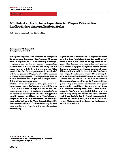 Vorschauseite 1: V7: Bedarf an hochschulisch qualifizierter Pflege – Präsentation der Ergebnisse einer qualitativen Studie