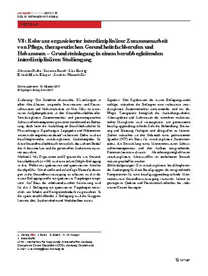 Vorschauseite 1: V8: Relevanz organisierter interdisziplinärer Zusammenarbeit von Pflege, therapeutischen Gesundheitsfachberufen und Hebammen – Grundsteinlegung in einem berufsbegleitenden interdi…
