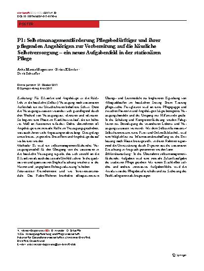 Vorschauseite 1: P1: Selbstmanagementförderung Pflegebedürftiger und ihrer pflegenden Angehörigen zur Vorbereitung auf die häusliche Selbstversorgung – ein neues Aufgabenfeld in der stationären Pf…