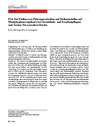 Vorschauseite 1: P14: Der Einfluss von Führungsverhalten und Rollenmodellen auf Händehygienecompliance bei Gesundheitsund Krankenpflegern und Ärzten: Ein narrativer Review